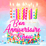 A white birthday cake covered in colorful sprinkles, topped with bright candles, and French text 'Bon Anniversaire Snow' on a pastel gradient background in an animated GIF.