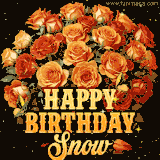 Animated bouquet of orange roses with moving butterfles and golden 'Happy Birthday Snow' text, surrounded by sparkling accents and a dark backdrop for a luxurious feel.