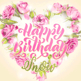 A stunning heart made of pink roses surrounds the elegant script text 'Happy Birthday Snow' on a soft beige background. Animated sparkles add a magical and festive feel.