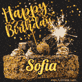 Celebrate Sofia's birthday with a GIF featuring chocolate cake, a lit sparkler, and golden stars