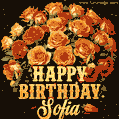 Beautiful bouquet of orange and red roses for Sofia, golden inscription and twinkling stars