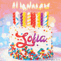 Personalized for Sofia elegant birthday cake adorned with rainbow sprinkles, colorful candles and glitter