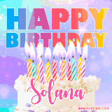 A vibrant animated name GIF with the words 'Happy Birthday Solana' with colorful candles on a creamy cake. The background sparkles with pastel shades, adding a festive touch.