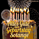 A chocolate birthday cake with glowing candles, the German text 'Alles Gute zum Geburtstag Solange,' and vibrant fireworks lighting up the background in an animated GIF.