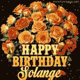 Animated bouquet of orange roses with moving butterfles and golden 'Happy Birthday Solange' text, surrounded by sparkling accents and a dark backdrop for a luxurious feel.
