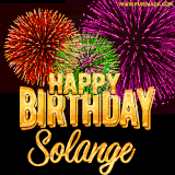 A golden 'Happy Birthday Solange' message with vibrant fireworks in the background, creating a festive and celebratory vibe in this animated name GIF.