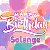 A vibrant name GIF featuring colorful balloons in shades of pink, orange, and yellow with the bold text 'Happy Birthday Solange' in festive fonts, creating a lively birthday vibe.