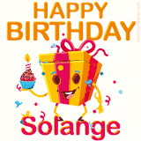 A vibrant and funny gift box character with a happy face dancing with a cupcake and the text 'Happy Birthday Solange,' surrounded by animated confetti and party vibes.