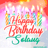 Bright birthday candles with rainbow flames on a cake, alongside the text 'Happy Birthday Solaug' in vibrant script in this celebratory animated GIF.