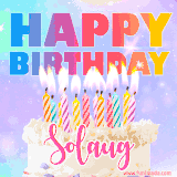 A vibrant animated name GIF with the words 'Happy Birthday Solaug' with colorful candles on a creamy cake. The background sparkles with pastel shades, adding a festive touch.