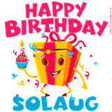 A vibrant and funny gift box character with a happy face dancing with a cupcake and the text 'Happy Birthday Solaug,' surrounded by animated confetti and party vibes.