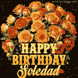 Animated bouquet of orange roses with moving butterfles and golden 'Happy Birthday Soledad' text, surrounded by sparkling accents and a dark backdrop for a luxurious feel.