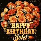 Animated bouquet of orange roses with moving butterfles and golden 'Happy Birthday Solei' text, surrounded by sparkling accents and a dark backdrop for a luxurious feel.