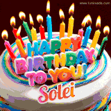 A colorful birthday cake topped with lit candles, with the words 'Happy Birthday Solei' in bold glowing letters on a burgundy background. Animated flames add a festive touch.