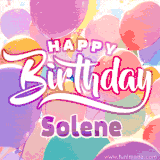 A vibrant name GIF featuring colorful balloons in shades of pink, orange, and yellow with the bold text 'Happy Birthday Solene' in festive fonts, creating a lively birthday vibe.