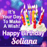 A colorful birthday GIF for Soliana featuring a cupcake with vibrant lit candles and the text 'It's Your Day to Make a Wish! Happy Birthday Soliana' in bold letters on a festive purple background.