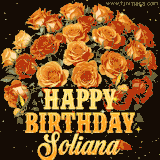 Animated bouquet of orange roses with moving butterfles and golden 'Happy Birthday Soliana' text, surrounded by sparkling accents and a dark backdrop for a luxurious feel.