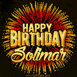 Golden 'Happy Birthday Solimar' text accompanied by animated rainbow fireworks for a festive animated greeting.