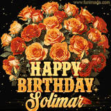 Animated bouquet of orange roses with moving butterfles and golden 'Happy Birthday Solimar' text, surrounded by sparkling accents and a dark backdrop for a luxurious feel.