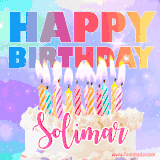 A vibrant animated name GIF with the words 'Happy Birthday Solimar' with colorful candles on a creamy cake. The background sparkles with pastel shades, adding a festive touch.