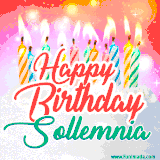 Bright birthday candles with rainbow flames on a cake, alongside the text 'Happy Birthday Sollemnia' in vibrant script in this celebratory animated GIF.