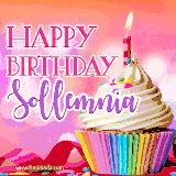 A vibrant birthday GIF featuring a rainbow-colored cupcake topped with white frosting, sprinkles, and a lit candle. The text reads 'Happy Birthday Sollemnia' in bold pink and violet letters with white outline.