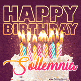 A colorful birthday cake topped with lit candles, with the words 'Happy Birthday Sollemnia' in bold glowing letters on a burgundy background. Animated flames add a festive touch.