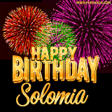 A golden 'Happy Birthday Solomia' message with vibrant fireworks in the background, creating a festive and celebratory vibe in this animated name GIF.