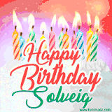 Bright birthday candles with rainbow flames on a cake, alongside the text 'Happy Birthday Solveig' in vibrant script in this celebratory animated GIF.