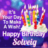 A colorful birthday GIF for Solveig featuring a cupcake with vibrant lit candles and the text 'It's Your Day to Make a Wish! Happy Birthday Solveig' in bold letters on a festive purple background.