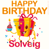 A vibrant and funny gift box character with a happy face dancing with a cupcake and the text 'Happy Birthday Solveig,' surrounded by animated confetti and party vibes.