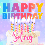 A vibrant animated name GIF with the words 'Happy Birthday Solvig' with colorful candles on a creamy cake. The background sparkles with pastel shades, adding a festive touch.