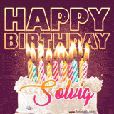 A colorful birthday cake topped with lit candles, with the words 'Happy Birthday Solvig' in bold glowing letters on a burgundy background. Animated flames add a festive touch.