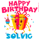 A vibrant and funny gift box character with a happy face dancing with a cupcake and the text 'Happy Birthday Solvig,' surrounded by animated confetti and party vibes.