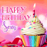 A vibrant birthday GIF featuring a rainbow-colored cupcake topped with white frosting, sprinkles, and a lit candle. The text reads 'Happy Birthday Som' in bold pink and violet letters with white outline.
