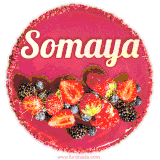 Beautifully decorated red velvet berry birthday cake with vibrant fruits and a glowing 'Somaya' name, adding a touch of sweetness and sparkle.