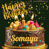 A delightful chocolate birthday cake with bright candles and 'Happy Birthday Somaya' written in gold amidst a shower of animated stars.