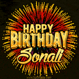 Golden 'Happy Birthday Sonali' text accompanied by animated rainbow fireworks for a festive animated greeting.