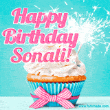 A festive cupcake with pink icing, a gingham bow, and a lit animated sparkler, paired with 'Happy Birthday Sonali!' in bright pink text.