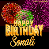 A golden 'Happy Birthday Sonali' message with vibrant fireworks in the background, creating a festive and celebratory vibe in this animated name GIF.