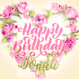 A stunning heart made of pink roses surrounds the elegant script text 'Happy Birthday Sonali' on a soft beige background. Animated sparkles add a magical and festive feel.