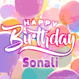 A vibrant name GIF featuring colorful balloons in shades of pink, orange, and yellow with the bold text 'Happy Birthday Sonali' in festive fonts, creating a lively birthday vibe.