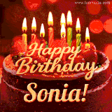 Beautifully decorated red velvet berry birthday cake with vibrant fruits and a glowing 'Sonia' name, adding a touch of sweetness and sparkle.