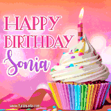 A vibrant birthday GIF featuring a rainbow-colored cupcake topped with white frosting, sprinkles, and a lit candle. The text reads 'Happy Birthday Sonia' in bold pink and violet letters with white outline.