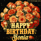 Animated bouquet of orange roses with moving butterfles and golden 'Happy Birthday Sonia' text, surrounded by sparkling accents and a dark backdrop for a luxurious feel.