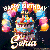 Bright birthday animation for Sonia with a chocolate cake, candles, balloons, and glowing celebratory lights.