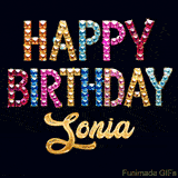 Vibrant luxury birthday greeting card for Sonia, showing glittering gemstone letters and golden calligraphy on a dark background with twinkling shine effects.