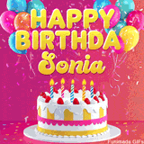 Pink-themed animated greeting with balloons, confetti, and a frosted cake under the message 'Happy Birthday Sonia' in bold rounded yellow font.