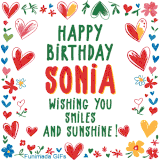 A colorful animated card for Sonia’s birthday featuring playful hearts, cheerful flowers, and a handwritten message wishing smiles and sunshine.
