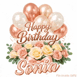 Beautiful cursive Happy Birthday Sonia text beautifully decorated with flowers